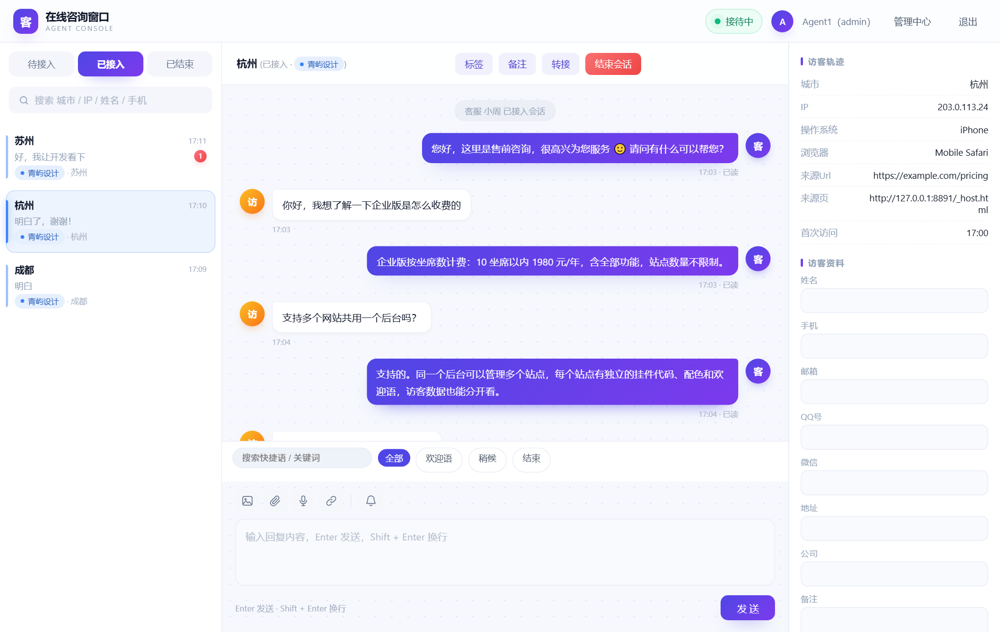 客服工作台：左侧会话队列、中间对话区、右侧访客档案